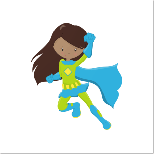 African American Girl, Superhero Girl, Blue Cape Posters and Art